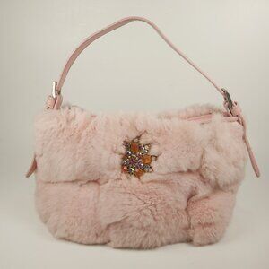 Paola By P.D.L. Genuine Leather Made In Italy Pink Fur Handbag 9x5x5 Brooch